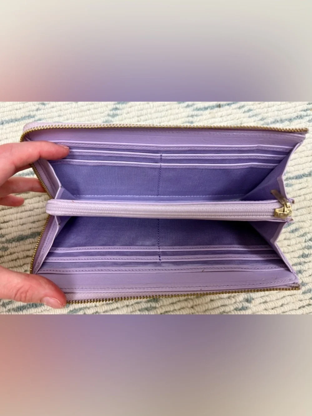 LANVIN En Bleu Lavender Floral Print Leather L-Shaped Zip Long Wallet/Clutch